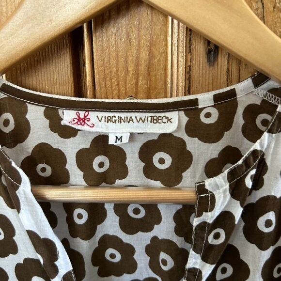 Virginia Witbeck Medium‎ Brown White Blouse V-Neck Floral Geometric - Picture 3 of 10